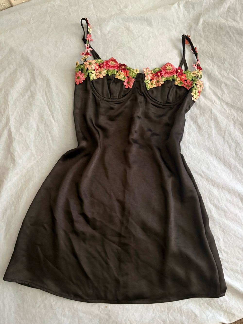 Princess Polly Black Mini Dress with Pink & Cream Floral Trim